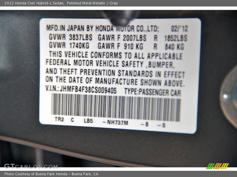 2012 Civic Hybrid-L Sedan Polished Metal Metallic Color Code NH737M