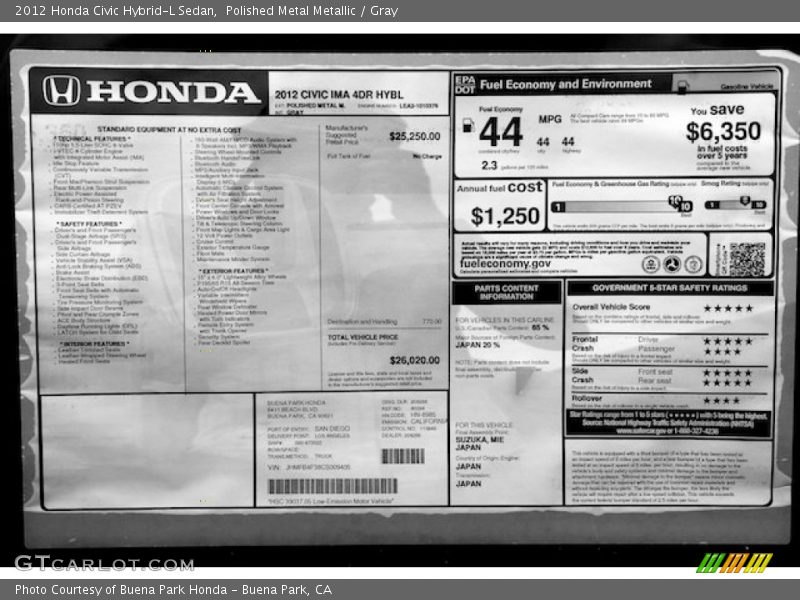  2012 Civic Hybrid-L Sedan Window Sticker