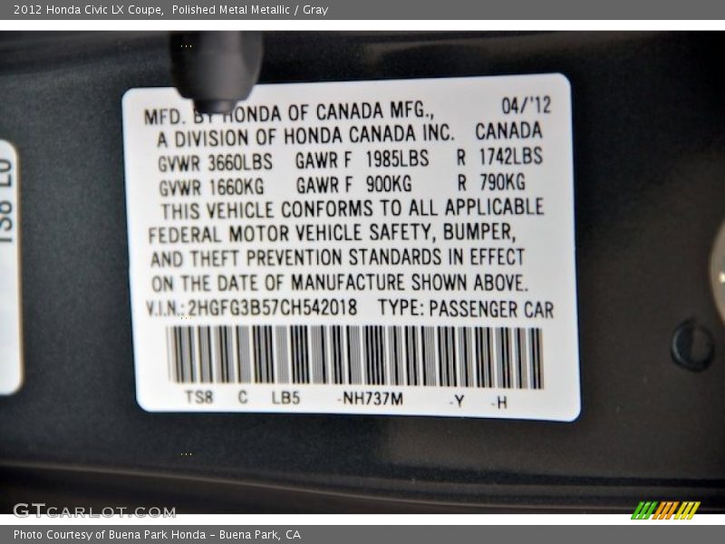 Polished Metal Metallic / Gray 2012 Honda Civic LX Coupe