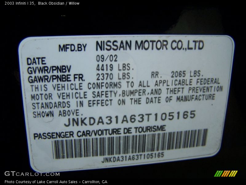 Black Obsidian / Willow 2003 Infiniti I 35