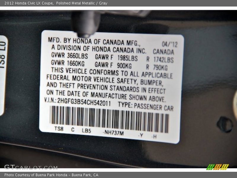 Polished Metal Metallic / Gray 2012 Honda Civic LX Coupe