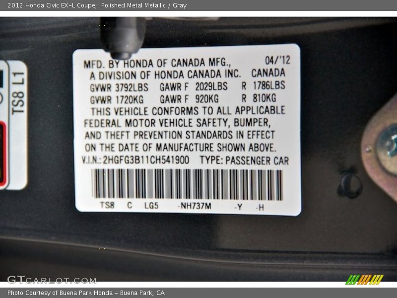 Polished Metal Metallic / Gray 2012 Honda Civic EX-L Coupe