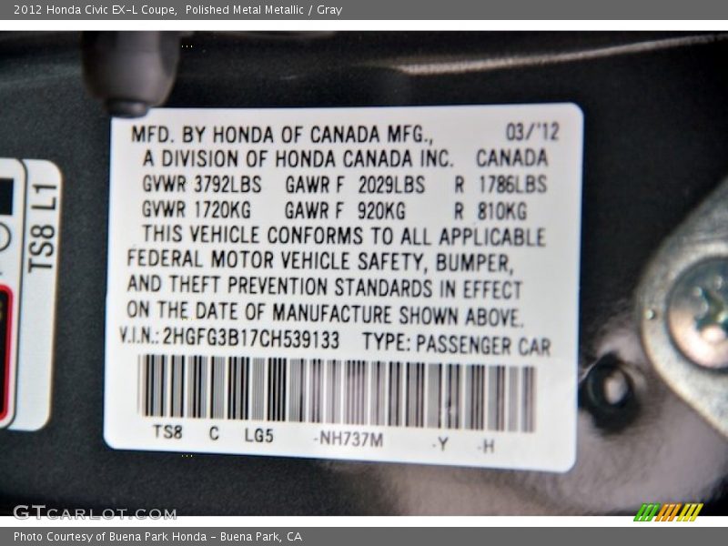 Polished Metal Metallic / Gray 2012 Honda Civic EX-L Coupe