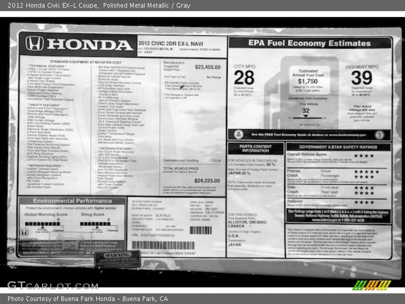 Polished Metal Metallic / Gray 2012 Honda Civic EX-L Coupe