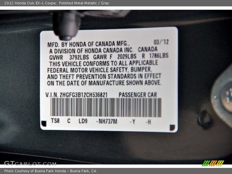 Polished Metal Metallic / Gray 2012 Honda Civic EX-L Coupe