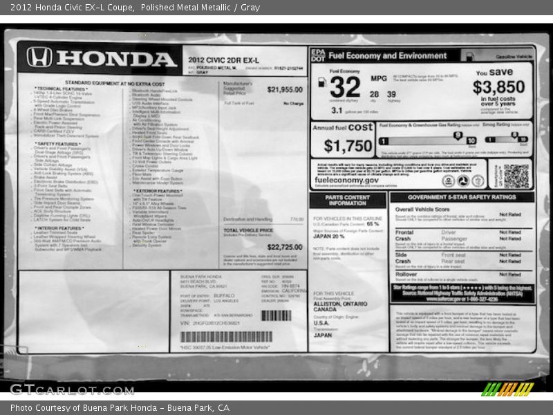 Polished Metal Metallic / Gray 2012 Honda Civic EX-L Coupe