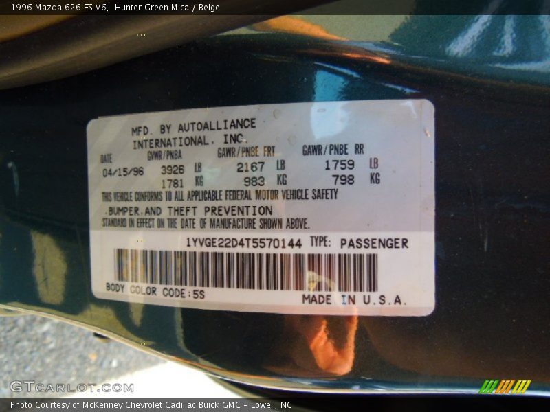 1996 626 ES V6 Hunter Green Mica Color Code 5S