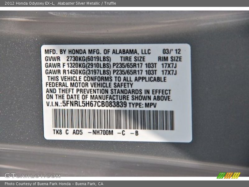 Alabaster Silver Metallic / Truffle 2012 Honda Odyssey EX-L