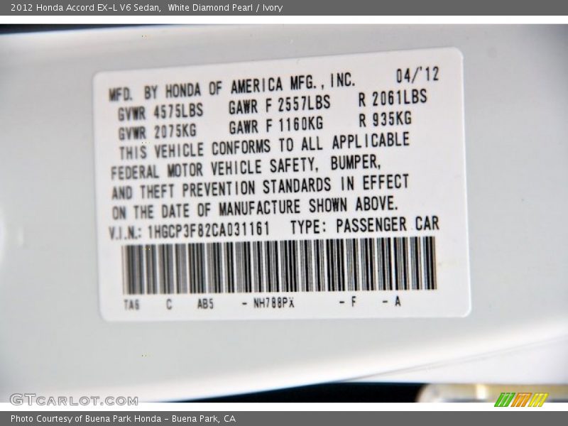 White Diamond Pearl / Ivory 2012 Honda Accord EX-L V6 Sedan