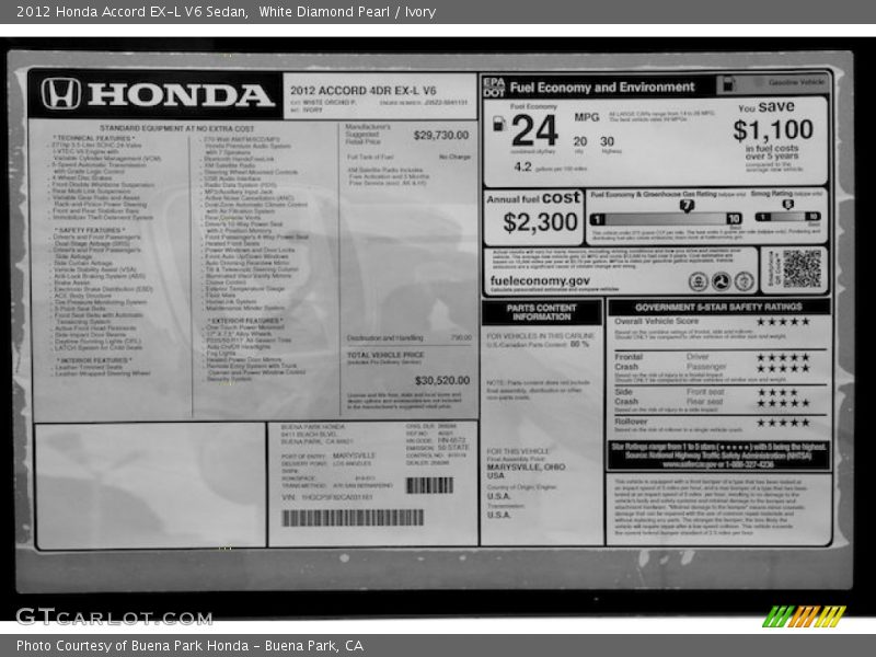 White Diamond Pearl / Ivory 2012 Honda Accord EX-L V6 Sedan