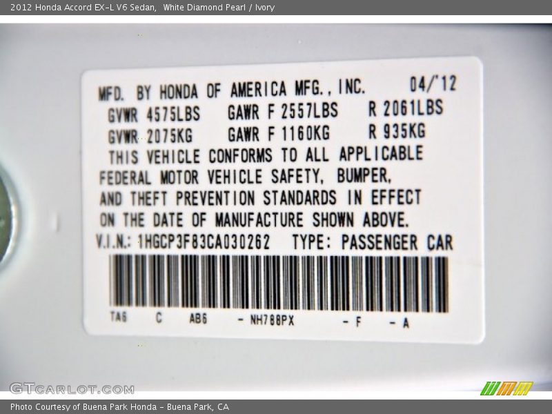 White Diamond Pearl / Ivory 2012 Honda Accord EX-L V6 Sedan