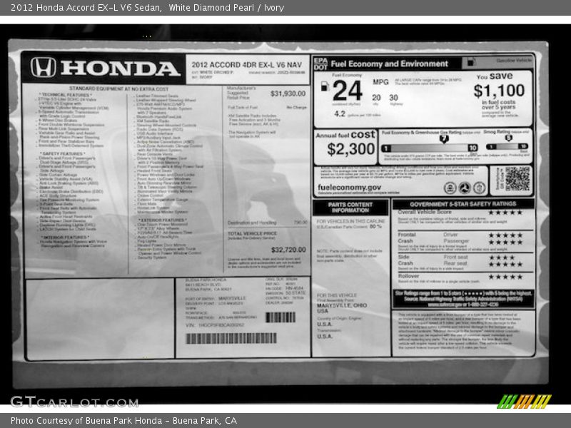 White Diamond Pearl / Ivory 2012 Honda Accord EX-L V6 Sedan