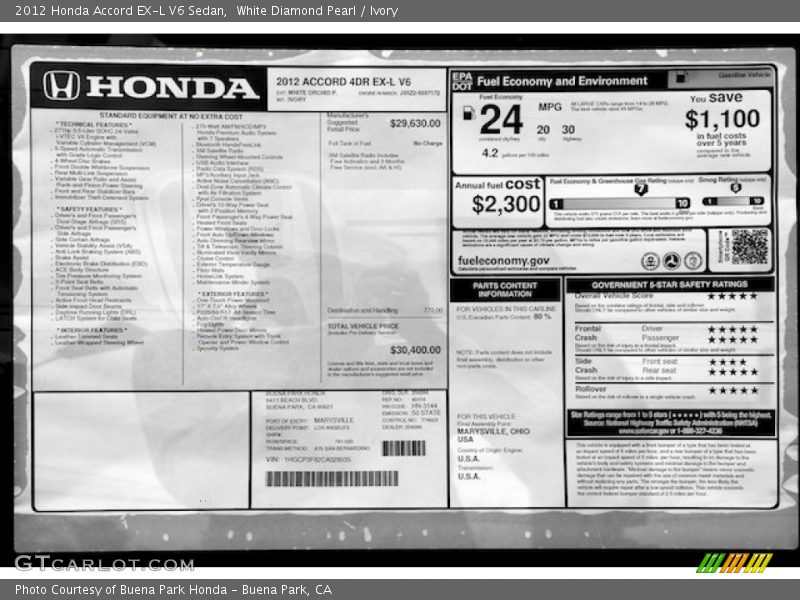 White Diamond Pearl / Ivory 2012 Honda Accord EX-L V6 Sedan