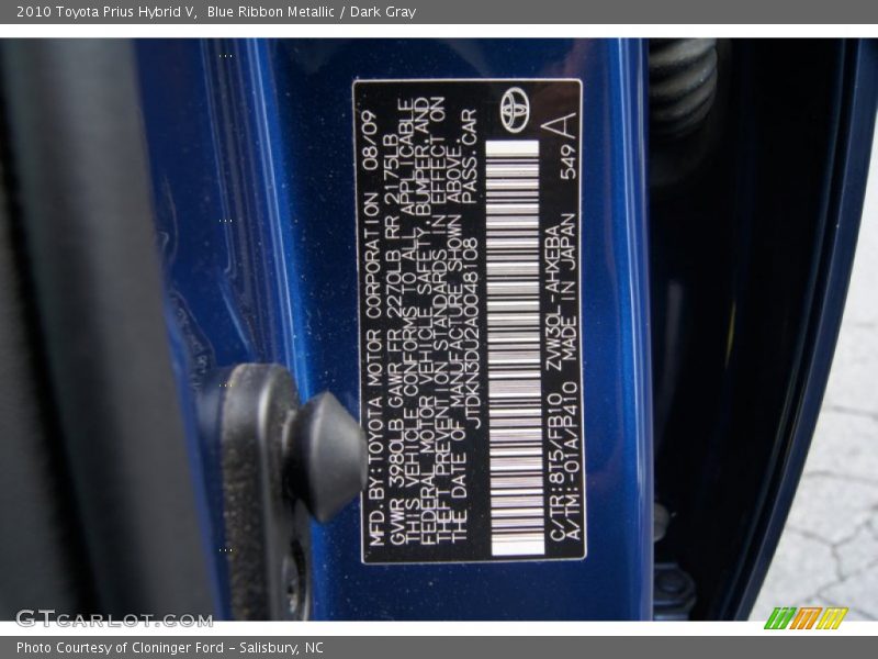 Blue Ribbon Metallic / Dark Gray 2010 Toyota Prius Hybrid V