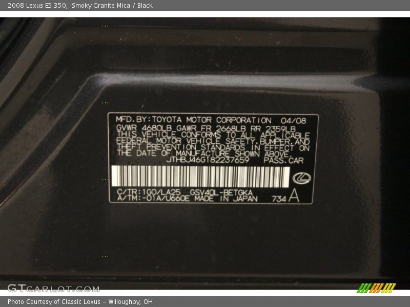 Smoky Granite Mica / Black 2008 Lexus ES 350