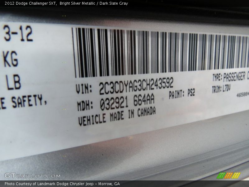 Bright Silver Metallic / Dark Slate Gray 2012 Dodge Challenger SXT