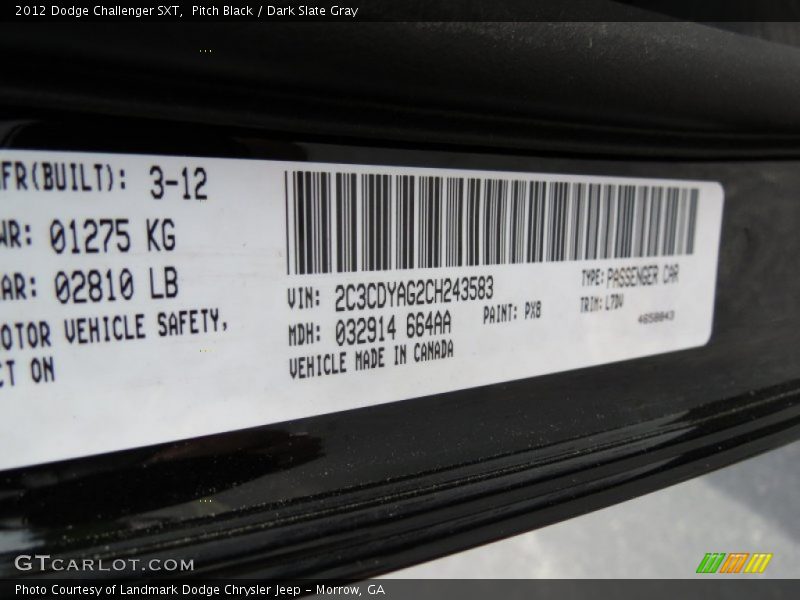 Pitch Black / Dark Slate Gray 2012 Dodge Challenger SXT