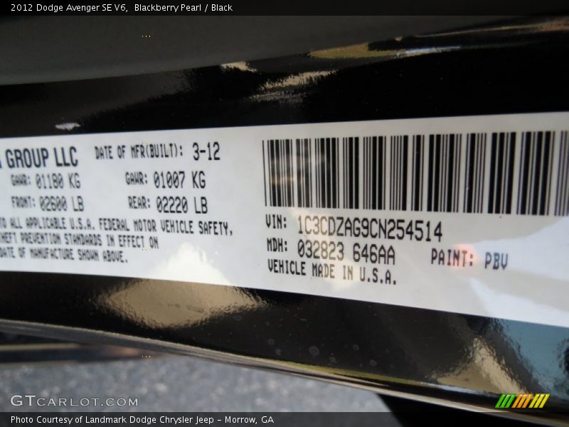 2012 Avenger SE V6 Blackberry Pearl Color Code PBV