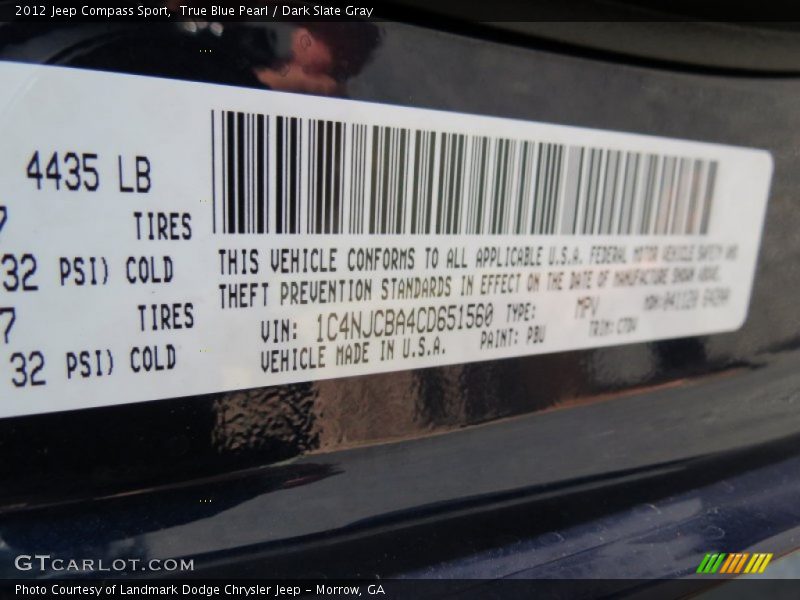 True Blue Pearl / Dark Slate Gray 2012 Jeep Compass Sport