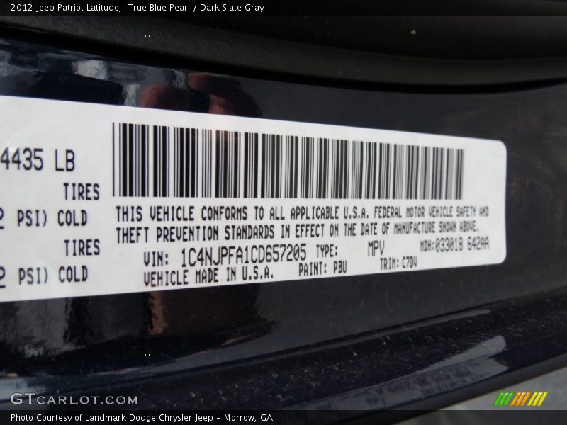 True Blue Pearl / Dark Slate Gray 2012 Jeep Patriot Latitude