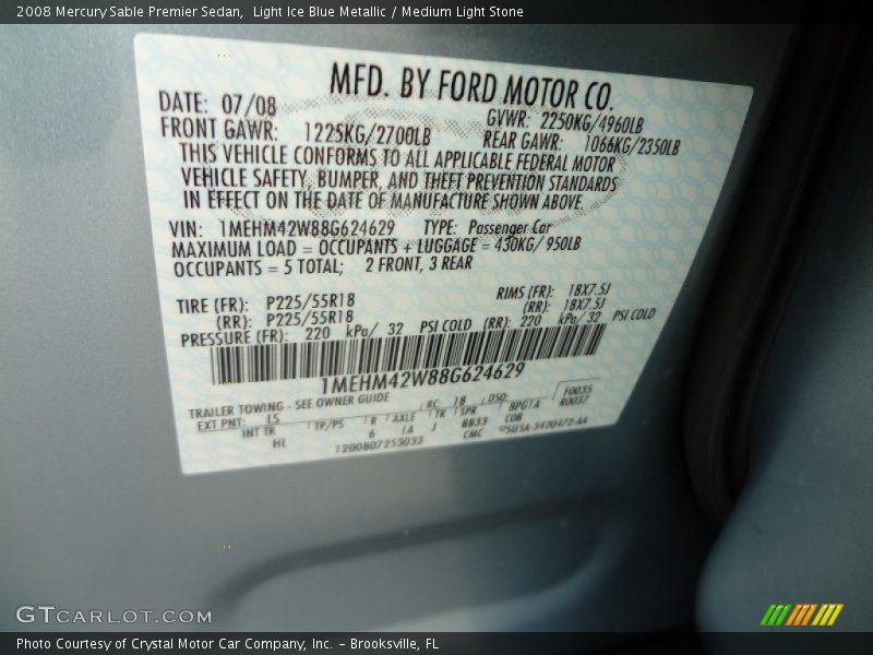 Light Ice Blue Metallic / Medium Light Stone 2008 Mercury Sable Premier Sedan