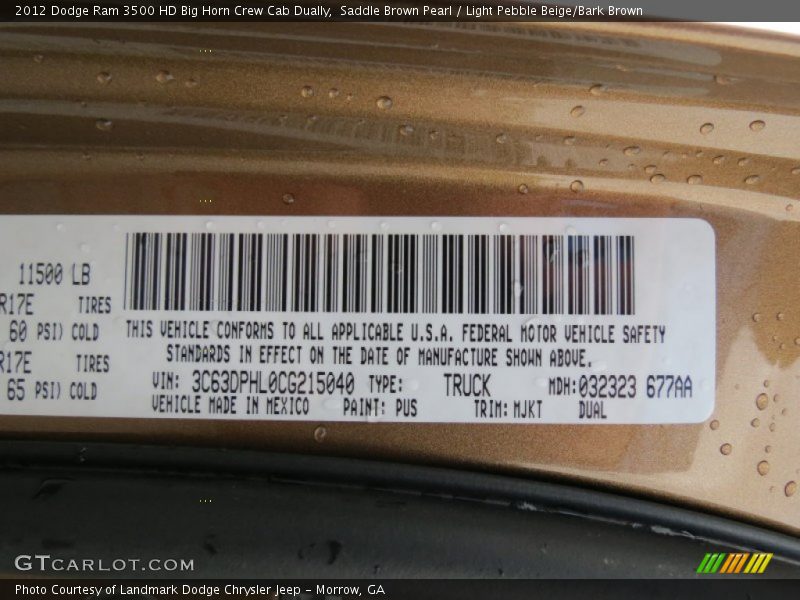 2012 Ram 3500 HD Big Horn Crew Cab Dually Saddle Brown Pearl Color Code PUS
