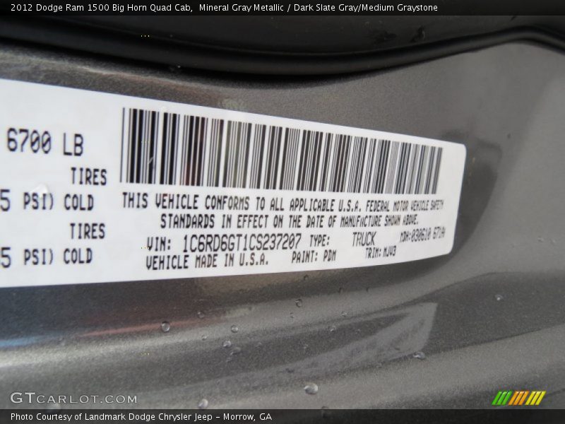 Mineral Gray Metallic / Dark Slate Gray/Medium Graystone 2012 Dodge Ram 1500 Big Horn Quad Cab
