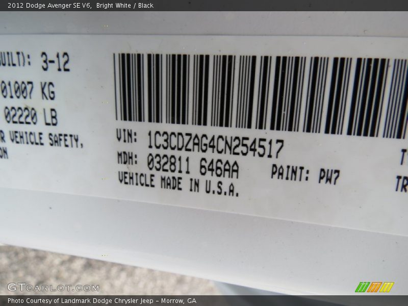 2012 Avenger SE V6 Bright White Color Code PW7