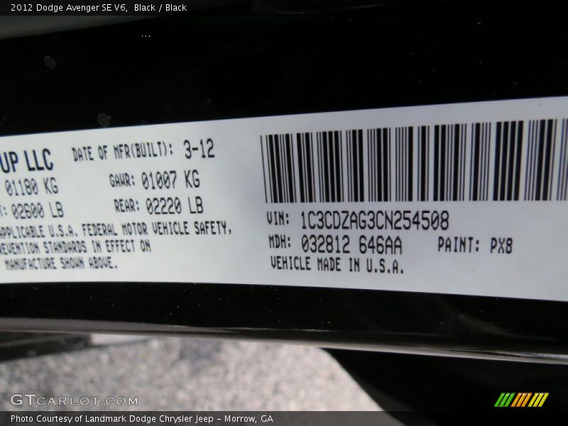 2012 Avenger SE V6 Black Color Code PX8