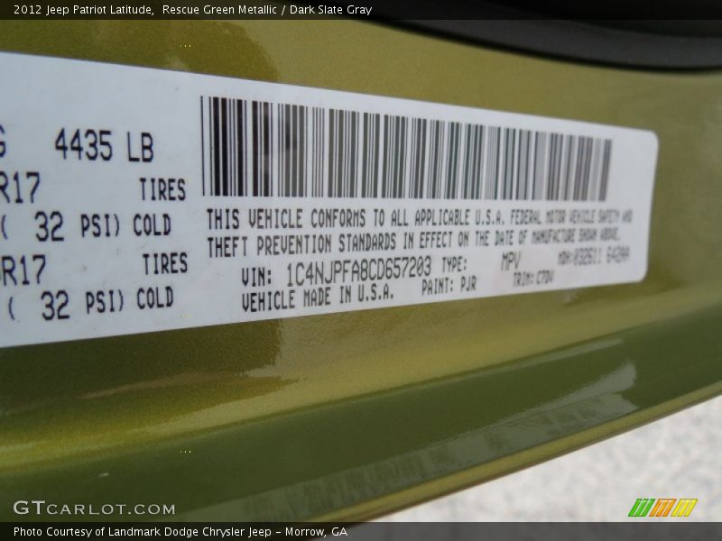 Rescue Green Metallic / Dark Slate Gray 2012 Jeep Patriot Latitude