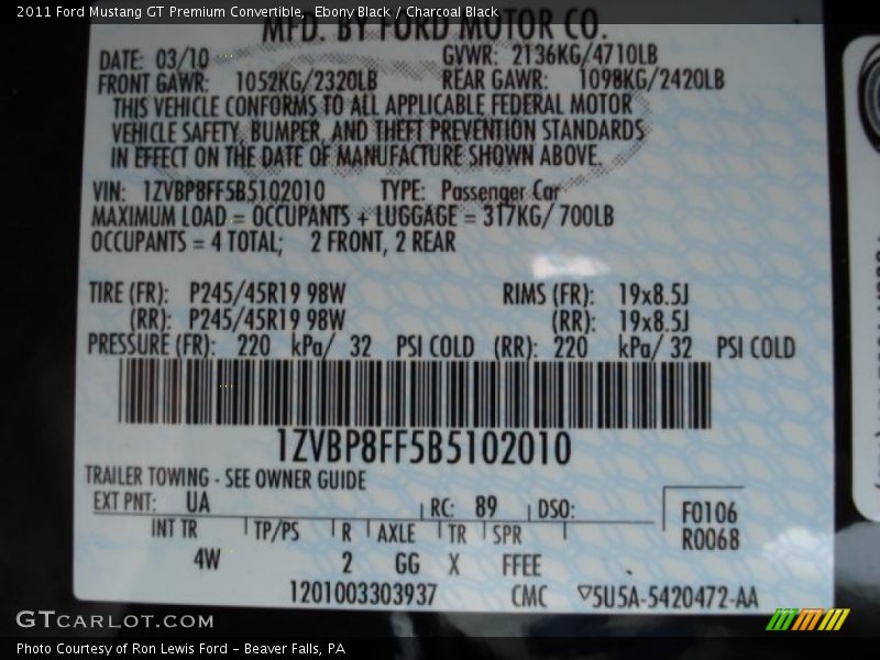 Ebony Black / Charcoal Black 2011 Ford Mustang GT Premium Convertible