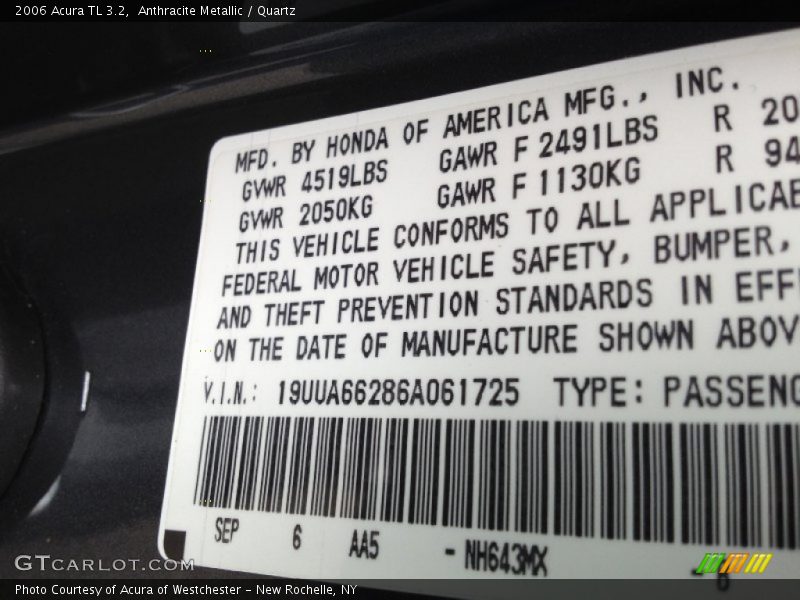 2006 TL 3.2 Anthracite Metallic Color Code NH643MX