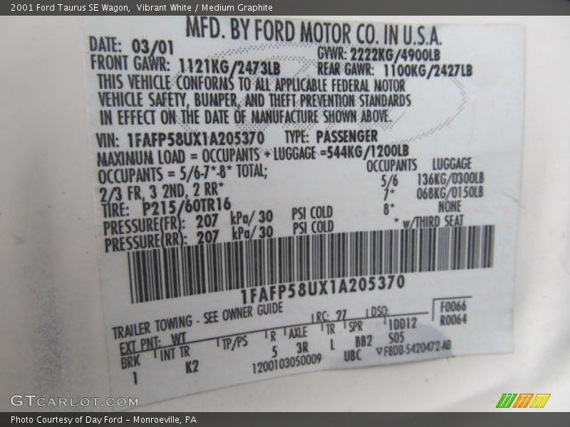 2001 Taurus SE Wagon Vibrant White Color Code WT
