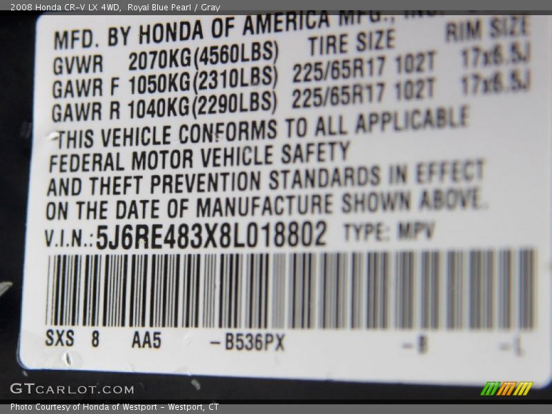 Royal Blue Pearl / Gray 2008 Honda CR-V LX 4WD