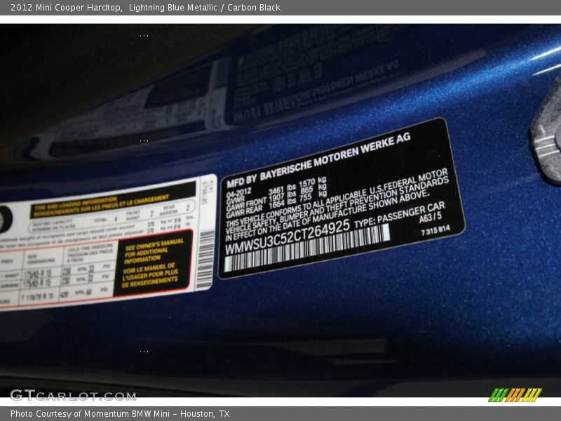 Lightning Blue Metallic / Carbon Black 2012 Mini Cooper Hardtop