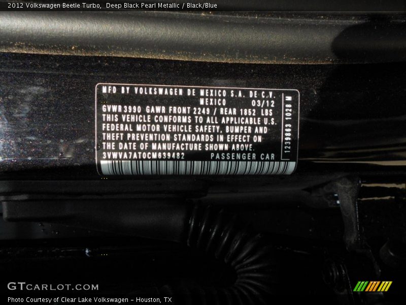 Deep Black Pearl Metallic / Black/Blue 2012 Volkswagen Beetle Turbo