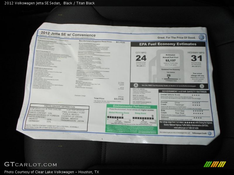 Black / Titan Black 2012 Volkswagen Jetta SE Sedan