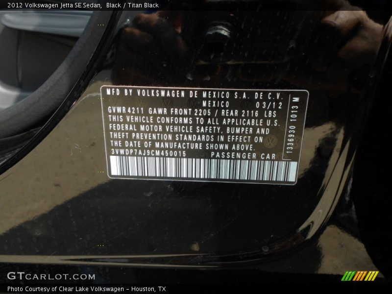 Black / Titan Black 2012 Volkswagen Jetta SE Sedan