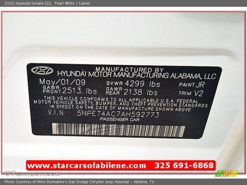 Pearl White / Camel 2010 Hyundai Sonata GLS