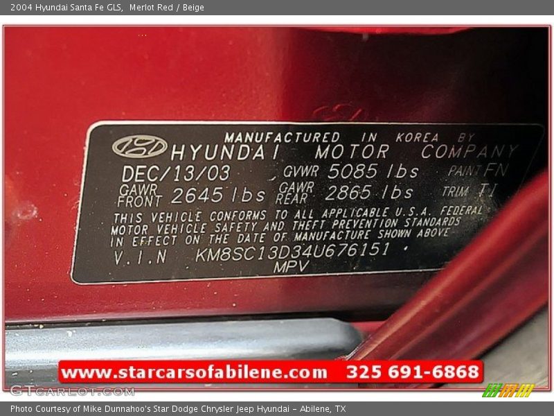 Merlot Red / Beige 2004 Hyundai Santa Fe GLS