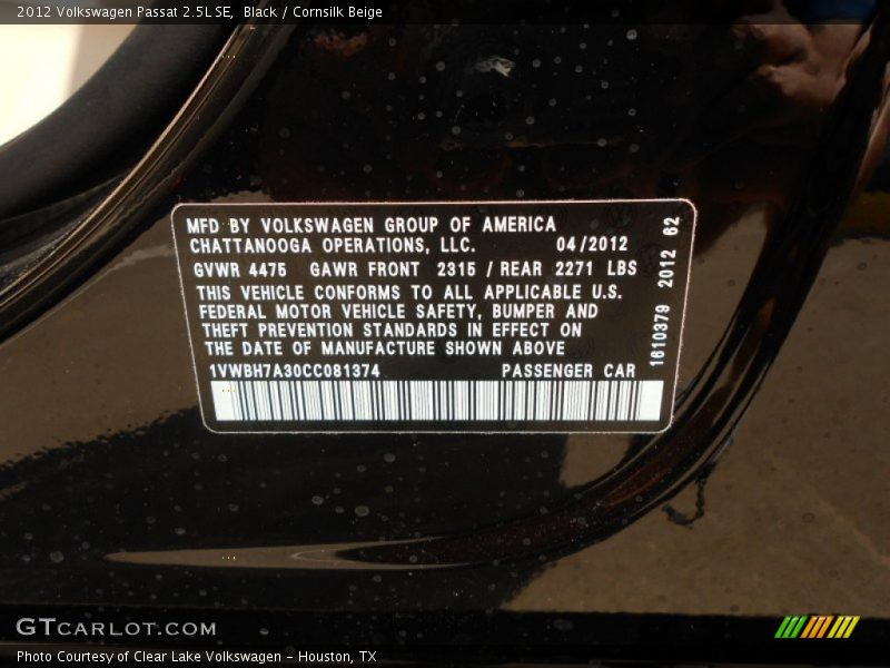 Black / Cornsilk Beige 2012 Volkswagen Passat 2.5L SE