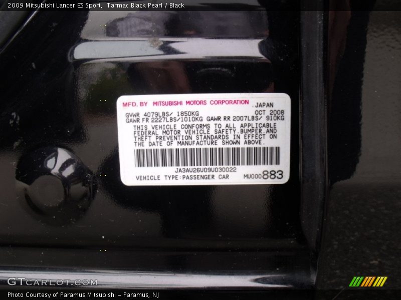 Tarmac Black Pearl / Black 2009 Mitsubishi Lancer ES Sport