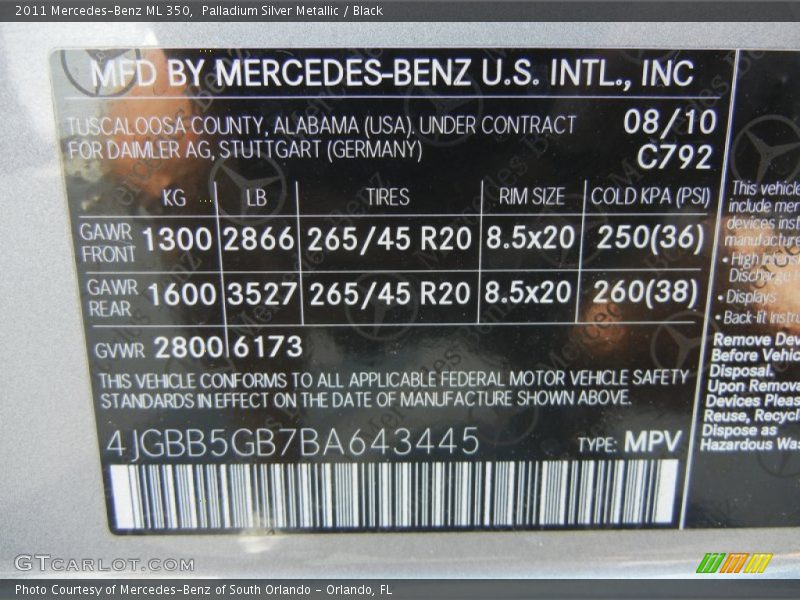 Palladium Silver Metallic / Black 2011 Mercedes-Benz ML 350