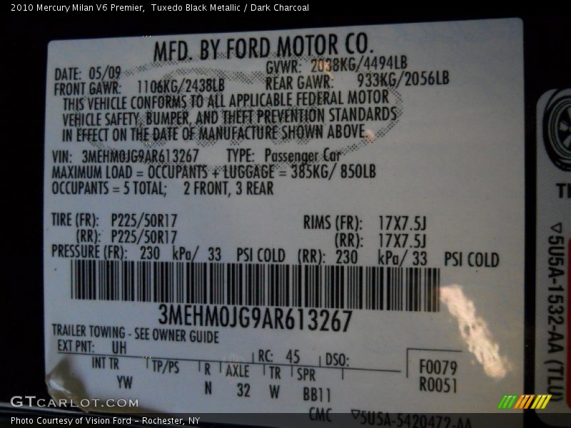 Tuxedo Black Metallic / Dark Charcoal 2010 Mercury Milan V6 Premier