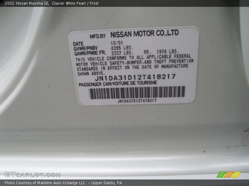 Glacier White Pearl / Frost 2002 Nissan Maxima SE