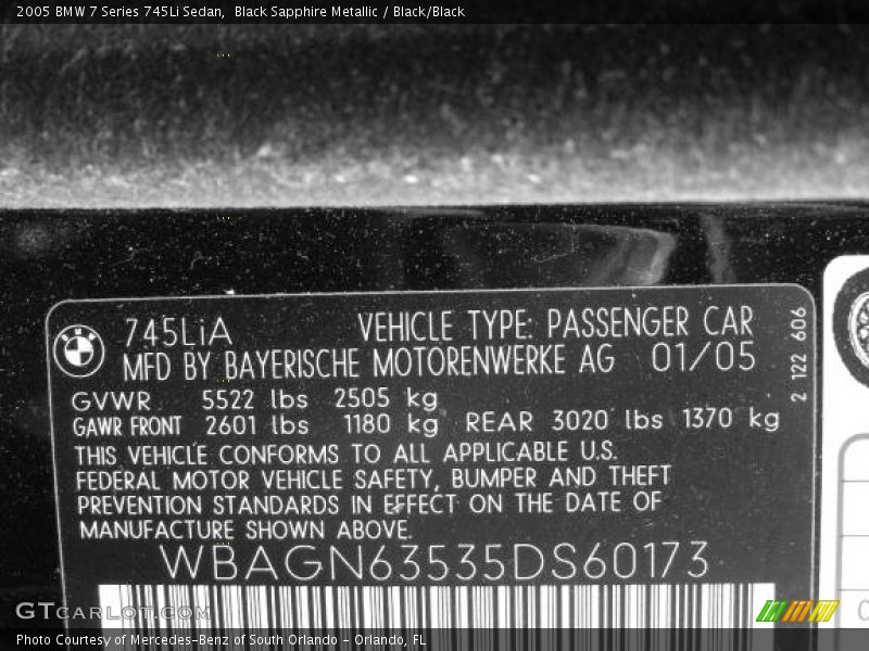 Black Sapphire Metallic / Black/Black 2005 BMW 7 Series 745Li Sedan