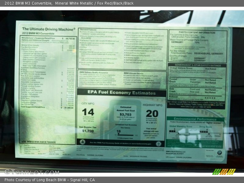 2012 M3 Convertible Window Sticker