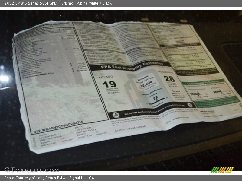  2012 5 Series 535i Gran Turismo Window Sticker