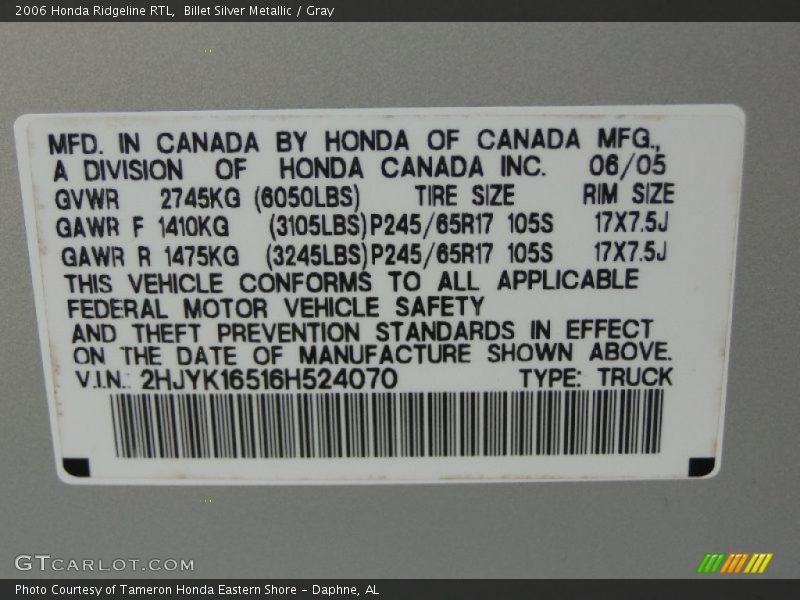Billet Silver Metallic / Gray 2006 Honda Ridgeline RTL