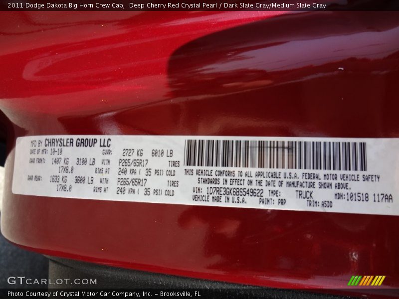 Deep Cherry Red Crystal Pearl / Dark Slate Gray/Medium Slate Gray 2011 Dodge Dakota Big Horn Crew Cab